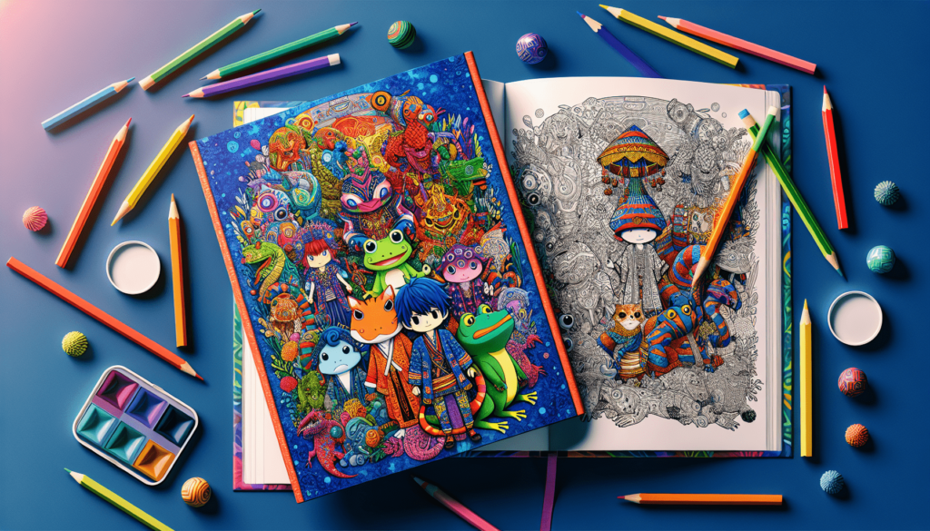 Anime-style coloring book featuring Froggy Crossing characters